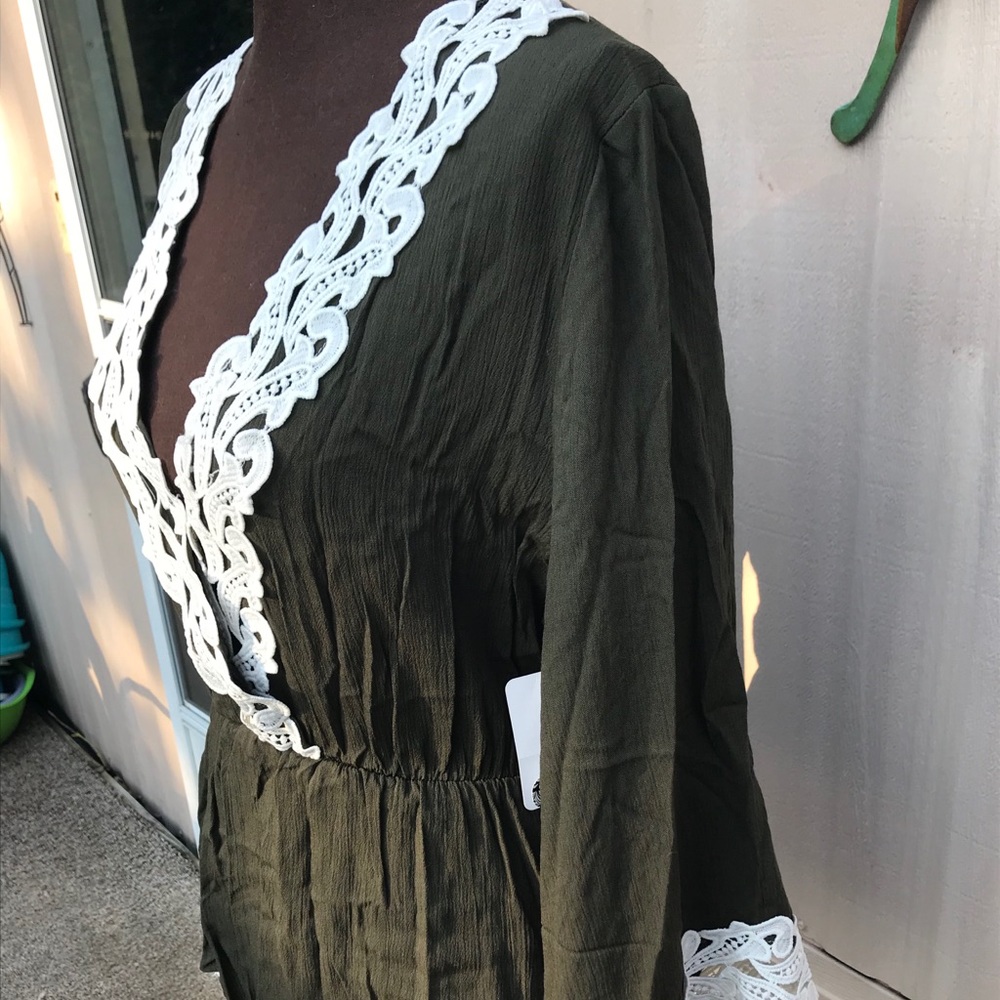 Olive Wide Sleeve Tunic crochet trim. Low Vneck